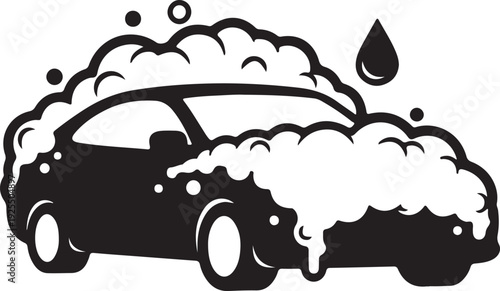 Black and white flat vector illustration of a car wash logo featuring a car covered in foam. Simple silhouette style, ideal for branding, signage, and advertising use.