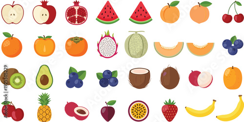 Colorful Fresh Fruit Collection Vector Set with Apple, Watermelon, Orange, Banana, Kiwi, Pineapple, and Tropical Fruits