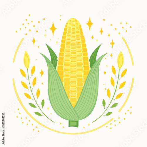 Golden Ear of Corn Decorated with Foliage and Sparkles, Agricultural Harvest