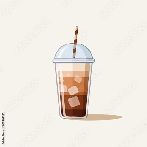 Refreshing iced coffee in a clear plastic cup with a straw and ice cubes, a cool beverage
