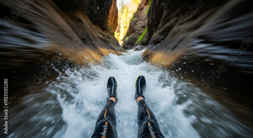 Person goes canyoneering in narrow canyon. Adventurer sliding down natural water slide. Extreme water sport for darecation.