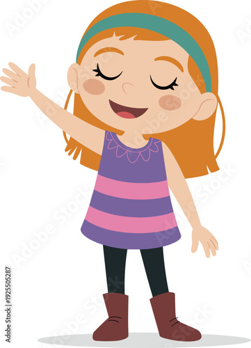 Cute cartoon vector illustration of a happy young girl with ginger hair waving her hand, wearing a striped purple dress and brown boots.