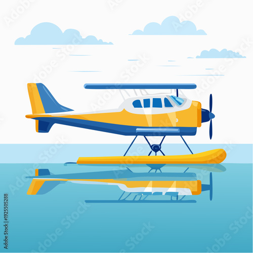 Vector illustration of a yellow propeller floatplane resting on calm blue water
