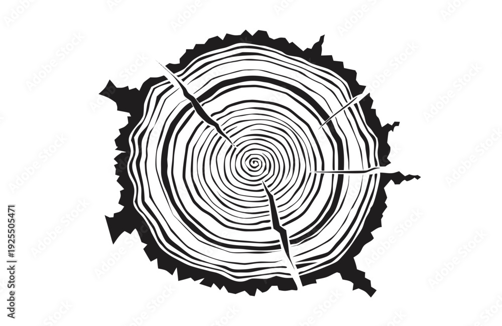 Fototapeta premium A detailed black and white top-down illustration of a tree's cross-section, showcasing intricate concentric growth rings and deep radial cracks of the wood.