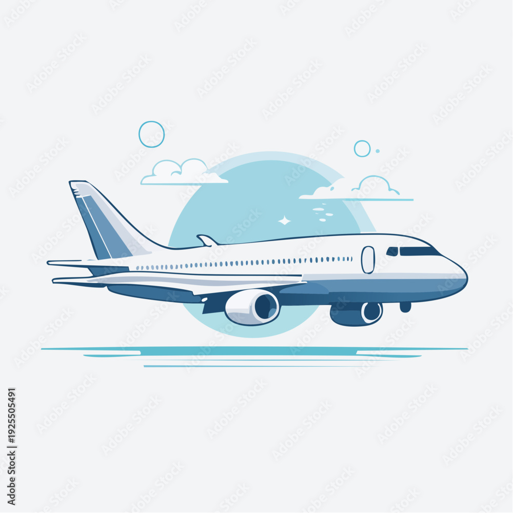 Fototapeta premium Modern Airplane Flying Through the Sky with Clouds and Blue Lines
