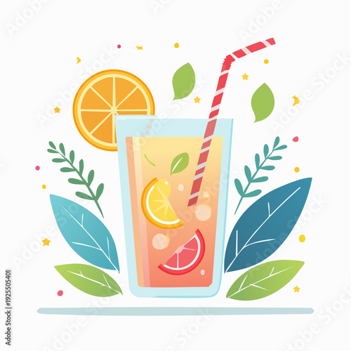 Vibrant and refreshing citrus summer drink illustration with a straw and leafy garnishes, perfect for a sunny day