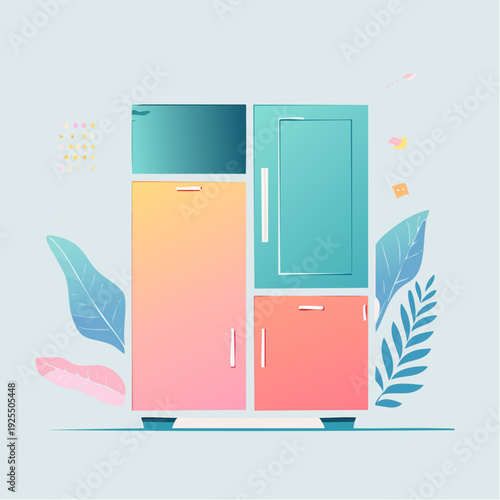 Modern furniture design illustration of a two-tone refrigerator with tropical leaves
