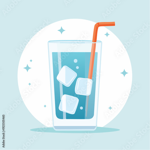 Refreshing Cold Drink with Ice Cubes and Straw in a Glass