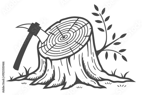 A rustic black and white cartoon illustration depicting a freshly cut tree stump with an axe embedded in its top, accompanied by a small sapling growing alongside.