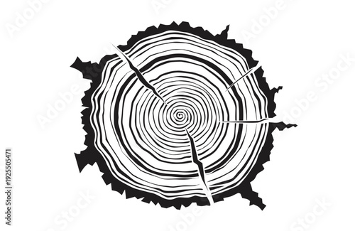 A detailed black and white top-down illustration of a tree's cross-section, showcasing intricate concentric growth rings and deep radial cracks of the wood.