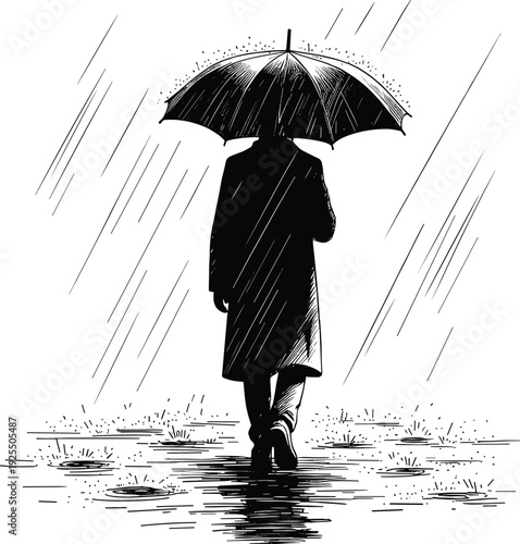 Black and white silhouette illustration of person walking in rain, umbrella protection, solitude concept, long coat figure, puddles and grass artwork vector