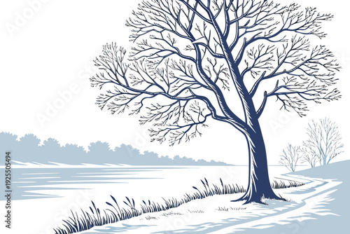 A detailed blue and white sketch illustrating a majestic bare tree standing resiliently on the snowy bank of a tranquil frozen river in a serene winter landscape.