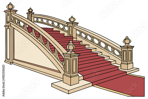A classic and elegant cartoon shows a gracefully curved staircase covered with a rich red carpet, featuring an ornate balustrade with detailed arch designs and pillars.