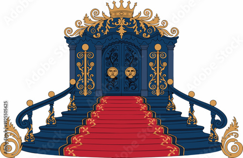 A magnificent regal cartoon shows an opulent red carpet staircase ascending to a grand royal blue gate adorned with golden intricate patterns, a crown, and majestic lion heads.