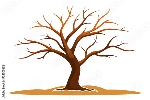 A charming illustration portrays a bare deciduous tree with brown branches and trunk, standing on a small patch of earth against a pure white background.