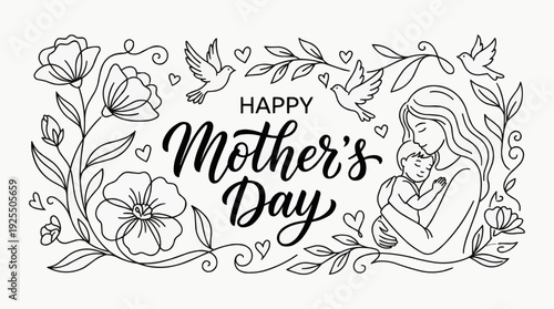 A heart-warming illustration for celebrating Mother's Day, showcasing a mother's embrace with a child, decorated with floral and dove elements.
