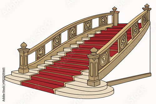 An elegant and artistic cartoon depicts a beautifully curved staircase with a wide red carpet, featuring an exquisitely detailed balustrade with intricate circular and floral patterns.