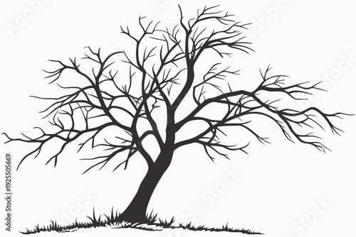 A striking black silhouette cartoon shows a gnarled, wide-spreading bare tree with an intricate network of branches and a slightly curved trunk, standing on a patch of grass.