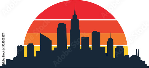 City skyline silhouette at sunset, vibrant retro background, urban landscape design, city life