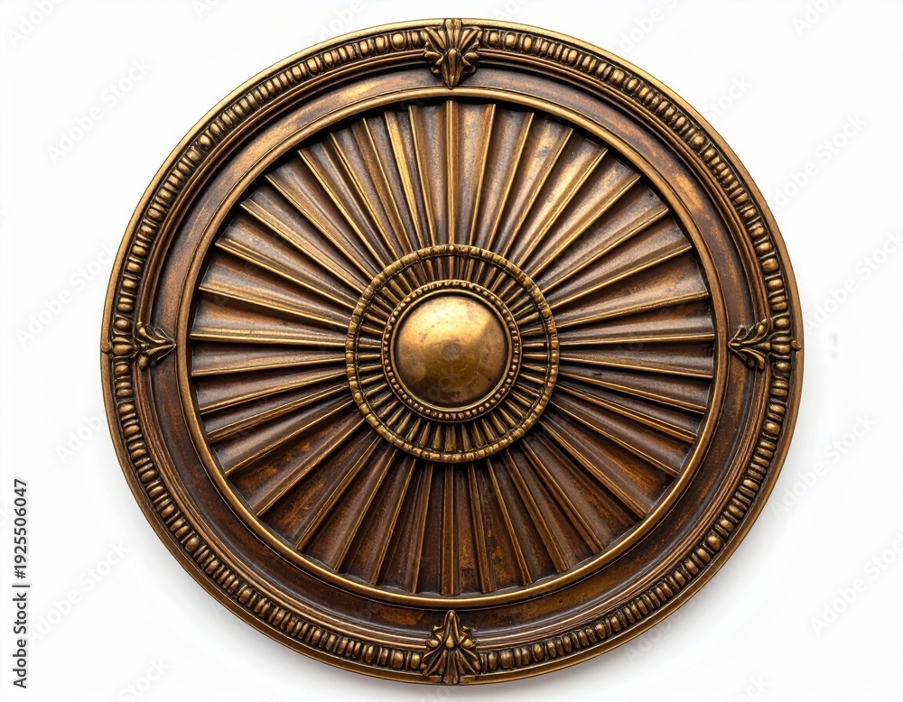 Fototapeta premium Intricate Bronze Circular Medallion with Radial Design on White Background