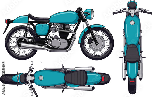 Classic motorcycle vector illustration showing side, top, front views with teal fuel tank, chrome exhaust, black seat, mechanical design concept artwork