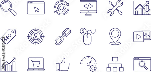 Digital marketing icons set with SEO, analytics, and web development symbols in modern line style