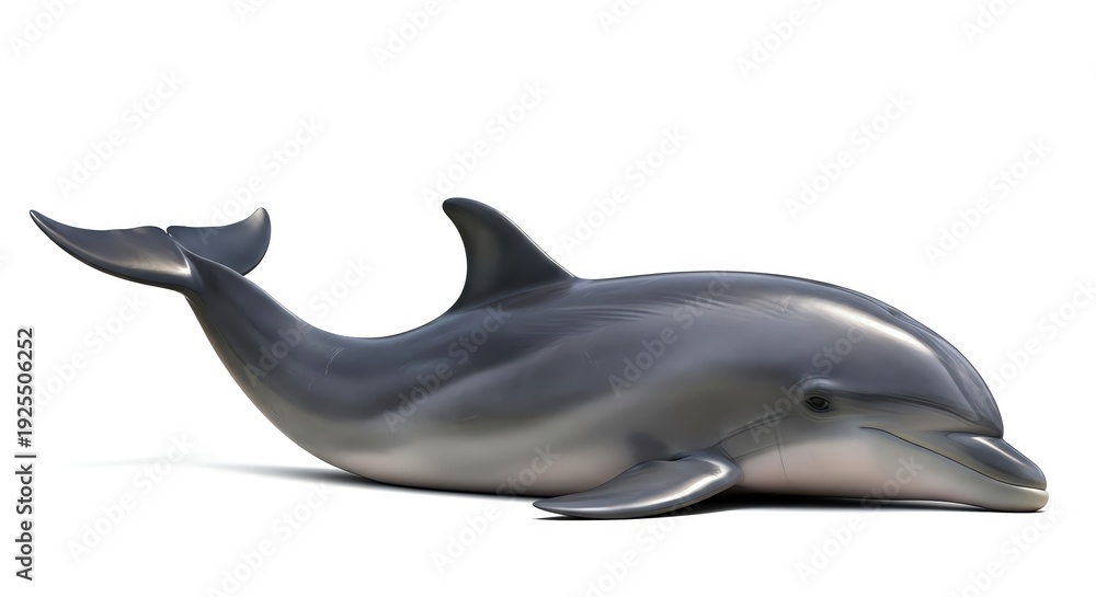 Obraz premium Majestic bottlenose dolphin gracefully resting on a clean white background, showcasing its sleek grey skin and iconic shape, a symbol of marine life and ocean beauty
