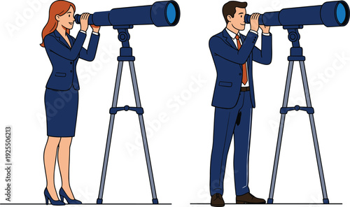 Businessman and businesswoman looking through telescopes on tripods, professional vision concept vector illustration, strategic foresight artwork, corporate planning design