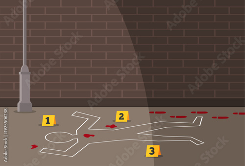 Police crime scene. Victim traced on round with blood. Vector stock