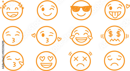 Set of various orange emoticon faces on white background, expressing different emotions