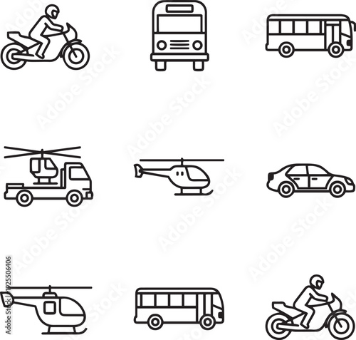 Collection of black line depicting various modes of transportation including motorcycles buses helicopters and a car