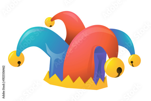Colorful jester hat with bells. Cartoon vector illustration of a fool's cap, symbol of April Fools' Day, carnival, circus and entertainment.