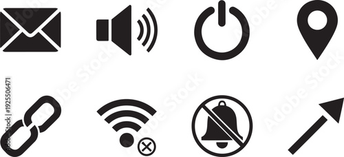 Collection of eight black digital interface on white background black and white simple clean