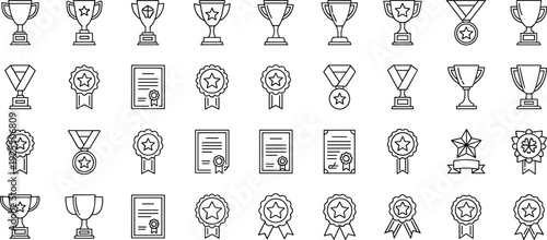 Award icons set, trophy vector, medal illustration, certificate design, ribbon badge, achievement recognition, competition prize, gamification rewards, success symbols, honor graphics