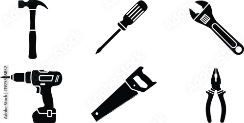 Black and white silhouette tools hammer screwdriver