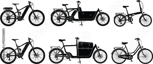 Bicycle silhouettes, cycling vector set, mountain bike illustration, cargo bike icons, folding bike graphics, city bike design, transport collection