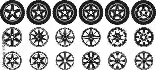 Car wheel rim silhouettes, automotive vector set, vehicle design illustration pack, tire graphics, spoke pattern icons, customization artwork collection