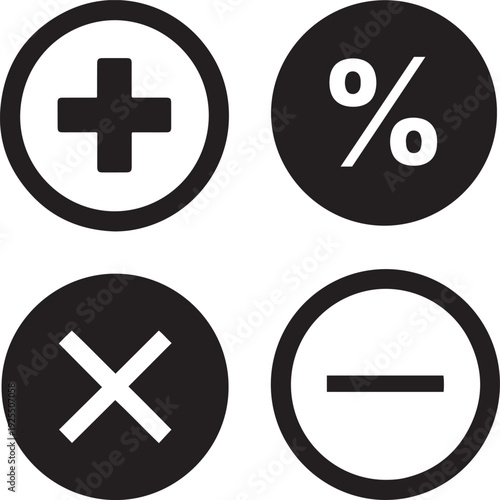 Four black circles with white symbols plus minus multiply percent signs plus sign minus sign multiply sign