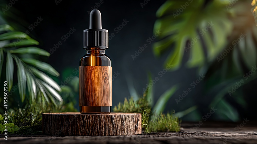 Fototapeta premium A bottle with dropper sits on a wooden platform, surrounded by leaves and greenery
