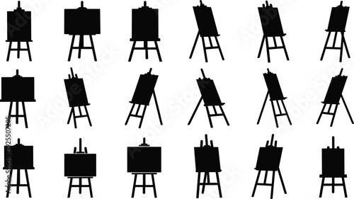 Easel silhouettes, canvas vector set, painting illustration pack, artist tools graphics, drawing design icons, creative studio artwork collection
