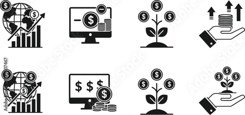 Financial growth icons collection, investment vector set, digital banking symbols, profit and savings design pack, global economy illustration, money management tools