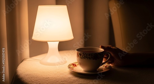 Hand holding teacup next to illuminated table lamp in dim room
