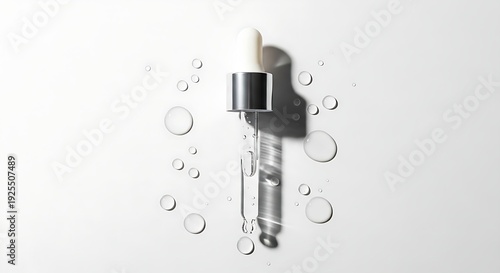 Sleek laboratory pipette with white bulb and clear serum drops isolated for modern medical or cosmetic advertising design.