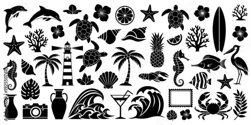 Tropical vacation silhouette illustration, marine wildlife artwork, beach summer design tribute, ocean nature graphic, travel leisure concept, coastal holiday theme flat vector illustration