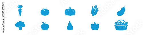 Set of blue flat silhouette icons of fruits and vegetables including carrot, tomato, pumpkin, corn, apple, pear, and a basket of produce.