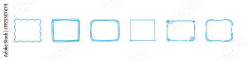 Set of six hand-drawn blue doodle frames and borders on white background. Creative sketchy rectangular boxes for text or images.