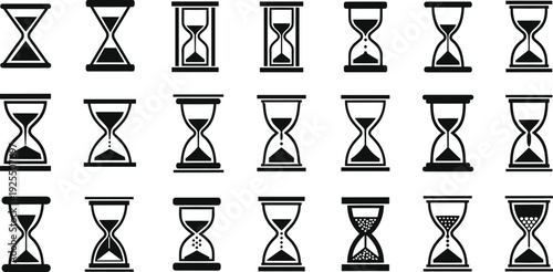 Hourglass icons collection, black and white sand timers, time passage symbols, countdown design set, vintage clock illustration, minimal vector art