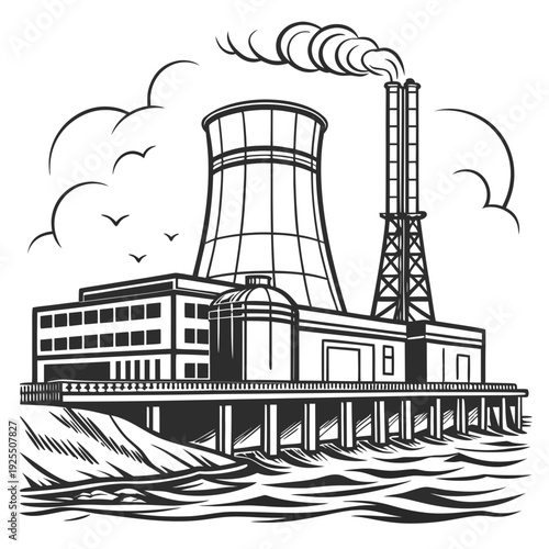 A nuclear power plant on the water with a smokestack