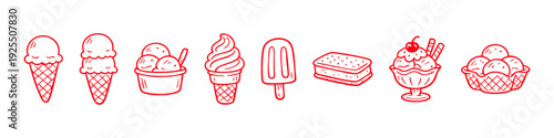 Set of red line art ice cream icons including cones, popsicle, sundae, and sandwich. Hand-drawn minimalist vector illustrations on white background.