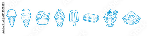 Set of blue line art ice cream icons including cones, sundaes, and popsicles on a white background, ideal for summer menu and graphic designs.